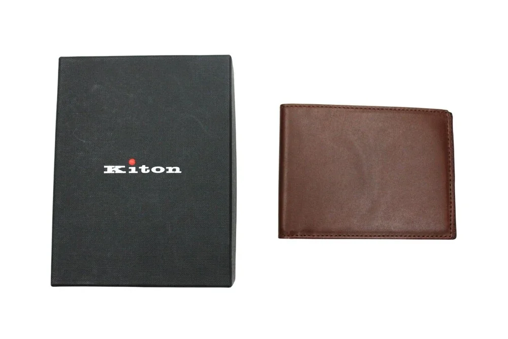 Kiton Wallet Mens Brown Leather Bifold Italy Card Holder Slim New with Box